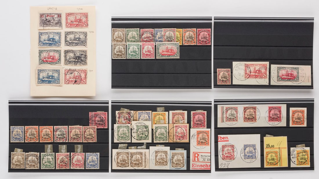 DEUTSCHE KOLONIEN: DEUTSCHE KOLONIEN Deutsch-Neuguinea Konvolut 59 Freimarken 'Kaiseryacht' Deutsch-Neu-Guinea, teilweise Mehrfachfrankatur bzw. Einschreiben-Briefausschnitte. Provenienz: Privatsammlung eines
