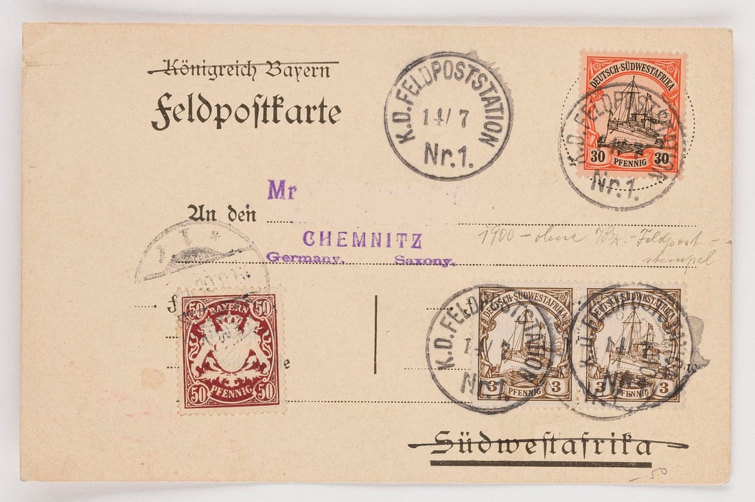 DEUTSCHE KOLONIEN: DEUTSCHE KOLONIEN Deutsch-Südwestafrika Feldpostkarte des Königreich Bayern, gelaufen aus Deutsch-Südwestafrika nach Chemnitz. Feldpostkarte mit klar abgeschlagenem 'K.D. Feldpoststation Nr. 1,