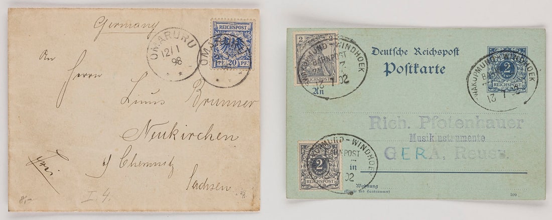 DEUTSCHE KOLONIEN: DEUTSCHE KOLONIEN Deutsch-Südwestafrika Konvolut Brief nach Neukirchen und Postkarte (Ganzsache) nach Gera. (1) Karte zu 2 Pfennig (Krone), zusätzlich auffrankiert mit zweimal 2 Pfennig Krone und