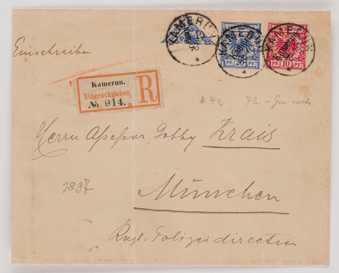 DEUTSCHE KOLONIEN: DEUTSCHE KOLONIEN Kamerun Einschreibebrief nach München vom 3.10.1898, frankiert mit Reichtspostadlermarke zu 10 Pfennig, 20 Pfennig sowie diagonal geschnittener Teilmarke der 20 Pfennig