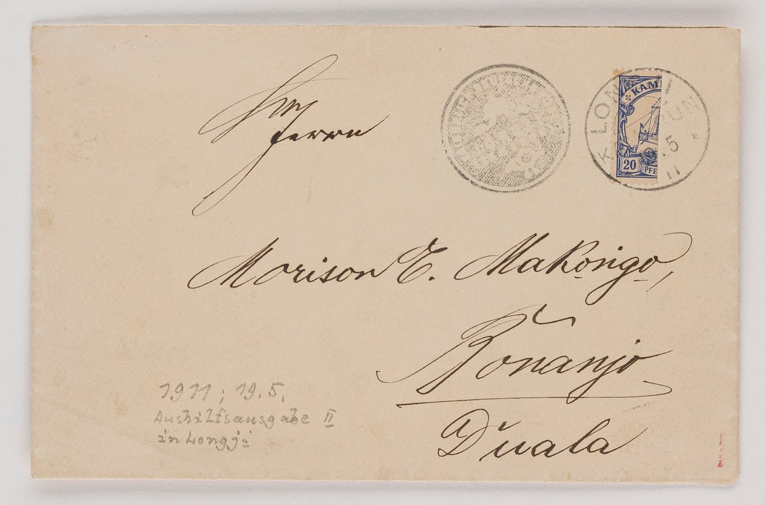 DEUTSCHE KOLONIEN: DEUTSCHE KOLONIEN Kamerun Brief nach Bonanjo, Duala, 20 Pfennig Marke der Kaiseryachtreihe, senkrechte Halbierung, Rundstempel 'LONGI KAMERUN 19.5.11' nebst Dienstsiegel des Postamtes Longi.