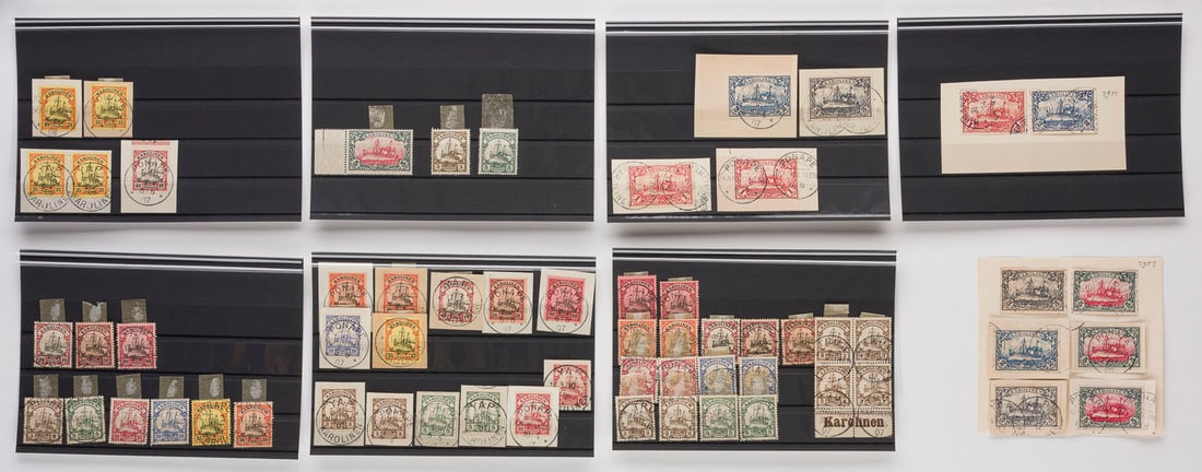 DEUTSCHE KOLONIEN: DEUTSCHE KOLONIEN Karolinen Konvolut 59 diverse Marken (aus der Kaiseryachtreihe), teilweise auf Briefausschnitt, diverse Marken, Mehrfachfrankaturen. Provenienz: Privatsammlung eines sächsischen