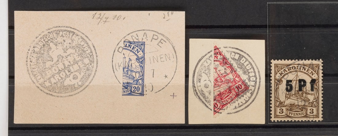 DEUTSCHE KOLONIEN: DEUTSCHE KOLONIEN Karolinen Drei Marken auf Briefausschnitt. (1) 20 Pfennig Marke aus der Kaiseryachtreihe, senkrecht halbiert, Rundstempel 'PONAPE (KAROLINEN) 12 7 10' sowie Dienstsiegel. (2) 10