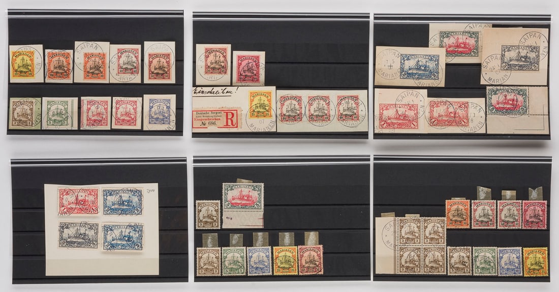 DEUTSCHE KOLONIEN: DEUTSCHE KOLONIEN Marianen Konvolut 41 Marken Kaiseryachtreihe Marianen, teilweise auf Briefausschnitt, unterschiedliche Frankaturen, teilweise Mehrfach- bzw. Mischfrankaturen, eine mit R-Zettel 'Deut