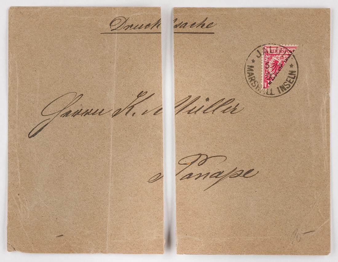 DEUTSCHE KOLONIEN: DEUTSCHE KOLONIEN Marshall-Inseln Kolonialbrief nach Ponape, 10 Pfennig diagonal halbiert, Rundstempel 'JALUIT MARSHALL INSELN / 5/12 00' verso Rundstempel 'PONAPE KAROLINEN 13/1 01'. Wahrscheinlich