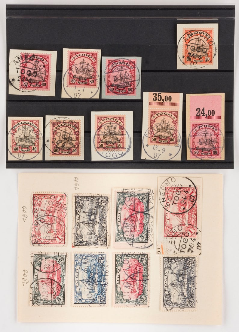 DEUTSCHE KOLONIEN: DEUTSCHE KOLONIEN Togo Konvolut 67 diverse Marken aus der Kaiseryachtreihe Togo, teilweise auf Briefausschnitt, Einzel- Mehrfach- und Mischfrankaturen. Provenienz: Privatsammlung eines sächsischen