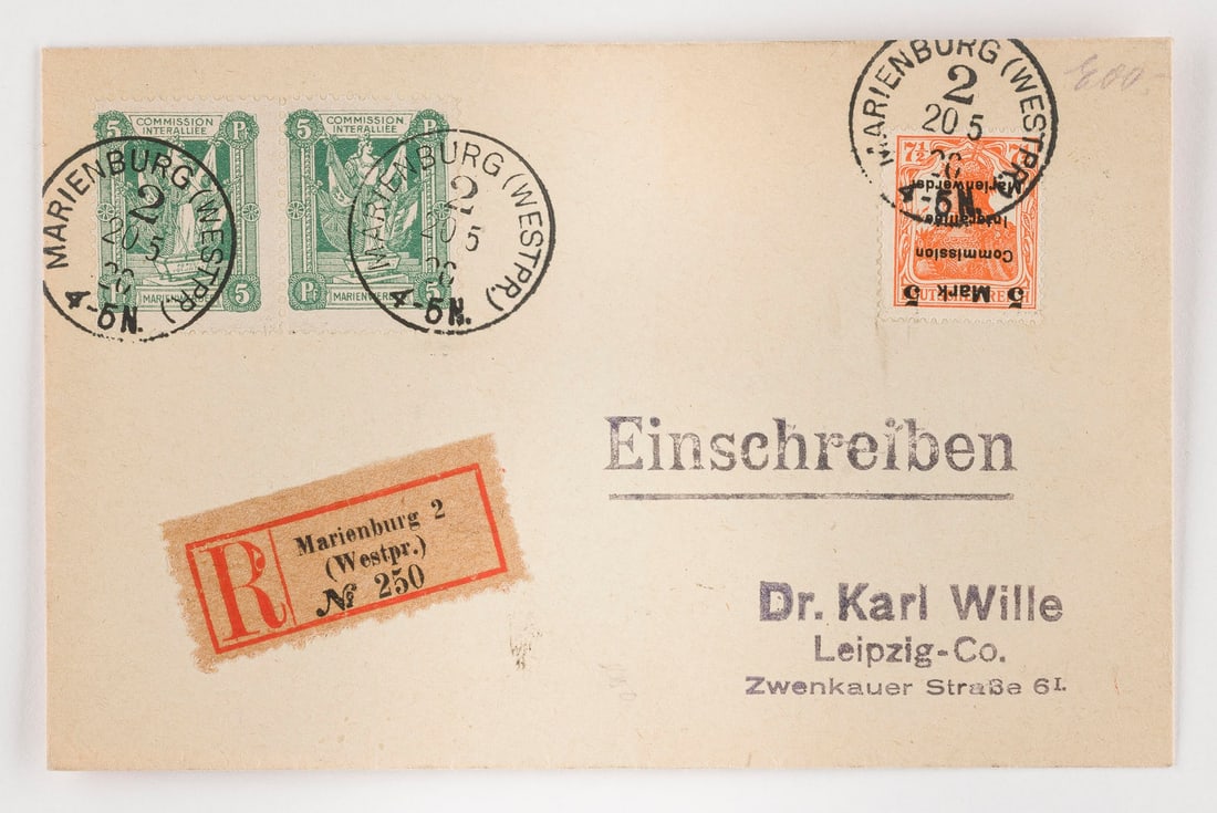 DEUTSCHE ABSTIMMUNGSGEBIETE: DEUTSCHE ABSTIMMUNGSGEBIETE Marienwerder Einschreibebrief nach Leipzig, frankiert mit zweimal 2 Pfennig Marke Abstimmungssymbol, und einer 7 1/2 Pfennig (Germania) mit schwarzem kopfstehendem