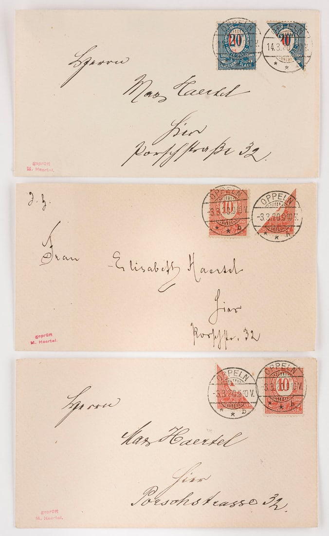 DEUTSCHE ABSTIMMUNGSGEBIETE: DEUTSCHE ABSTIMMUNGSGEBIETE Oberschlesien Konvolut sechs Briefe aus Oppeln: (1) Mischfrankatur 2 1/2 Pfennig, 3 Pfennig und 20 Pfennig, diese diagonal halbiert. Jeweils Zweikreistempel 'OPPELN