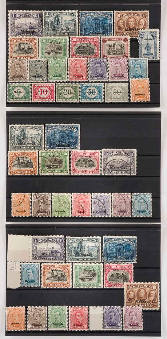 BELGIEN: BELGIEN Eupen und Malmédy Konvolut 149 diverse Marken, partiell mit schwarzem Aufdruck 'Malmédy', 'Eupen', 'ALLEMAGNE DUITSCHLAND' und 'EUPEN & MALMÉDY'. Provenienz: Privatsammlung eines