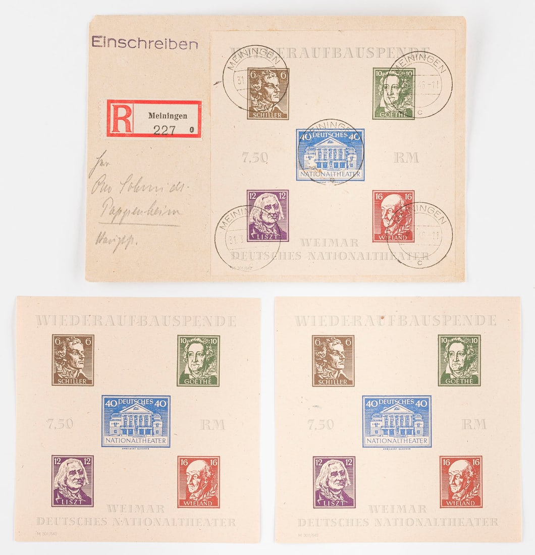 ALLIIERTE BESETZUNG SOWJETISCHE ZONE: ALLIIERTE BESETZUNG SOWJETISCHE ZONE Sachsen / Thüringen Zweimal Blockausgabe und ein Einschreibebrief nach Pappenheim aus Meiningen. Frankiert mit Blockausgabe 'Wiederaufbauspende Weimar Deutsches