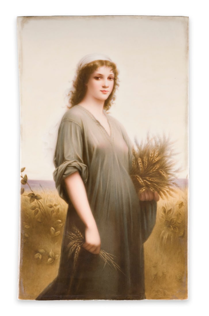 | PORZELLANBILDPLATTE 'RUTH IM KORNFELD': PORZELLANBILDPLATTE 'RUTH IM KORNFELD' Deutsch, KPM Berlin, nach dem Gemälde Charles Zacharie Landelle, 1908 Polychrome Malerei auf der Porzellanplatte. 20x33 cm. Eingepresste Zeptermarke 'KPM',