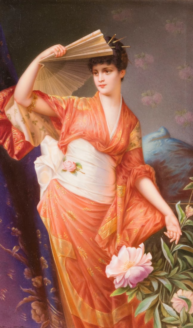 | PORZELLANBILDPLATTE 'YUM YUM': PORZELLANBILDPLATTE 'YUM YUM' Deutsch, KPM Berlin, nach dem Gemälde von Conrad Kiesel, spätes 19. bis frühes 20. Jh. Polychrome Malerei auf der Porzellanplatte. 19x31,5 cm. Eingepresste