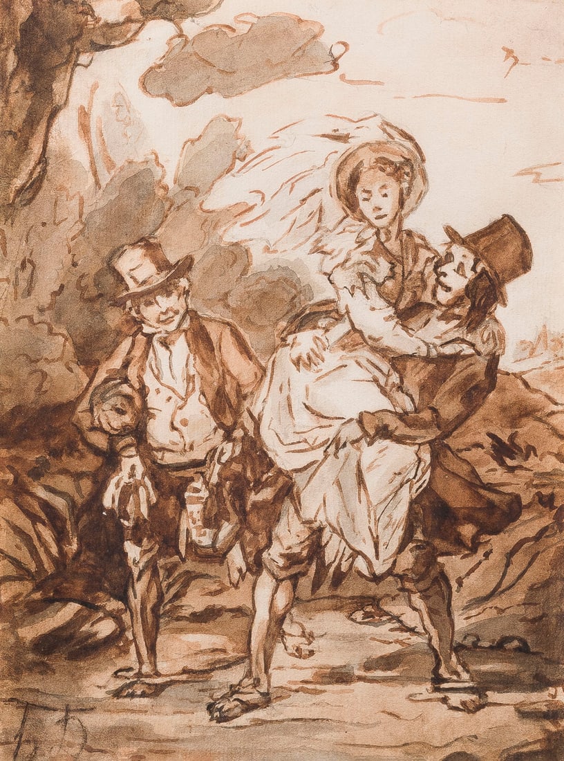 HONORE DAUMIER (ZUGESCHRIEBEN) | MAN TRÄGT EINE DAME ÜBER E: HONORE DAUMIER (ZUGESCHRIEBEN) 1808 Marseille - 1879 Valmondois MAN TRÄGT EINE DAME ÜBER EINEN GRABEN Pinsel in Grau und Braun auf Bütten. 21,9 x 16,5 cm (R. 36 x 30 cm). Unten rechts monogrammiert