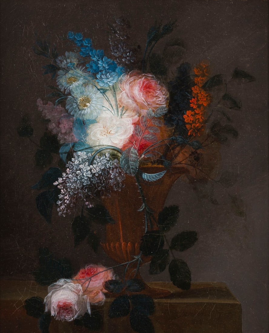 JOSSE FRANCOIS JOSEPH LERICHE | STILLLEBEN MIT ROSEN UND FL: JOSSE FRANCOIS JOSEPH LERICHE 1738 Mons - 1812 Paris STILLLEBEN MIT ROSEN UND FLIEDER, 1812 Öl auf Leinwand. 46 x 37 cm (R. 60 x 51 cm). Unten signiert 'Leriche fc 1812'. Rahmen.JOSSE FRANCOIS JOSEPH