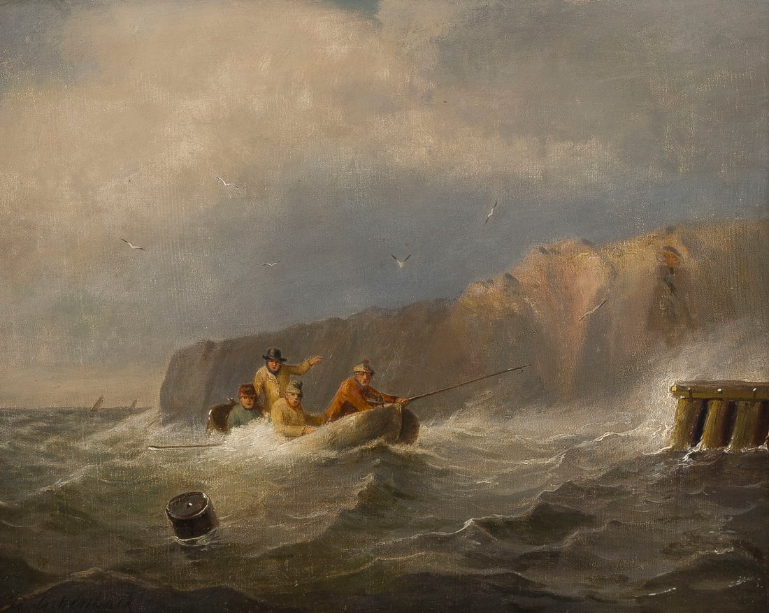 ANDREAS ACHENBACH | FISCHERBOOT AM UFER IM STURM: ANDREAS ACHENBACH 1815 Kassel - 1910 Düsseldorf, Nachfolge FISCHERBOOT AM UFER IM STURM Öl auf Leinwand, doubliert. 29 x 37 cm (R. 54 x 63 cm). Unten links signiert 'A. Achenbach'. Retuschen. Rahmen