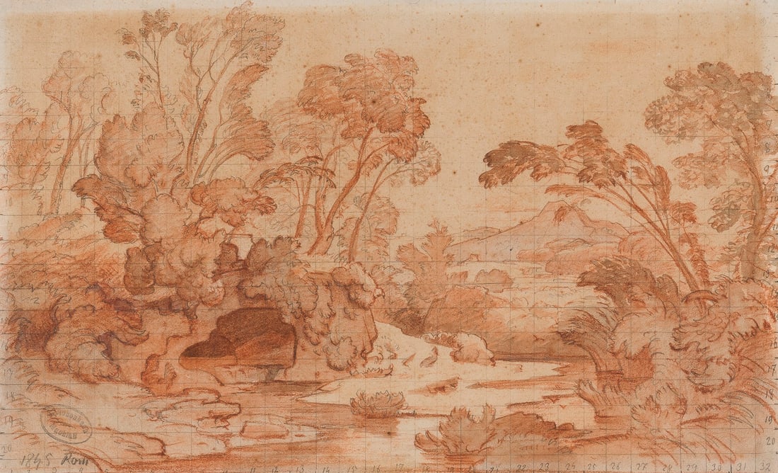 ANDREAS ACHENBACH | LANDSCHAFT BEI ROM: ANDREAS ACHENBACH 1815 Kassel - 1910 Düsseldorf LANDSCHAFT BEI ROM Rötel und Aquarell über Bleistift auf Papier. 18,7 x 30,3 cm (R. 39,5 x 51 cm). Unten rechts ovale Nachlassstempel und Bezeichnung