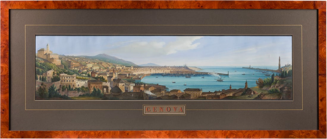 THOMAS GIRTIN | DREI PANORAMAANSICHTE: LAGO DI COMO, LAGO D: THOMAS GIRTIN 1775 London - 1802 ebenda DREI PANORAMAANSICHTE: LAGO Di COMO, LAGO DI MAGGIORE, GENOVA Lithografien, nachträglich um 1840 gouachiert. Jew. Sichtmaß 22 x 87 (R. 48,5 x 113 cm). Signier