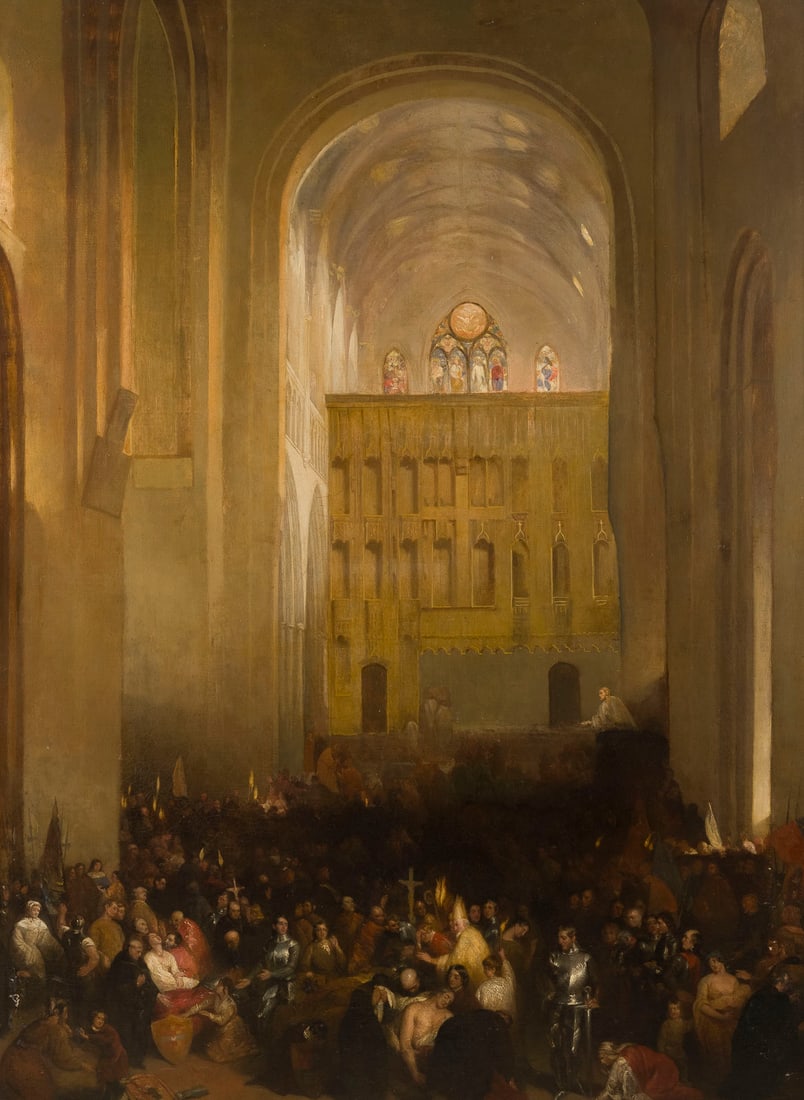 HENRY HAWKINS | ST. ALBANS ABBEY APRIL 15TH 1471. DER TAG N: HENRY HAWKINS 1796 - 1881 ST. ALBANS ABBEY APRIL 15th 1471. DER TAG NACH DER SCHLACHT VON BARNET Öl auf Leinwand, doubliert. 143 x 112 cm (R. 165 x 126 cm). Retuschen, Farbverlust in den unteren rech