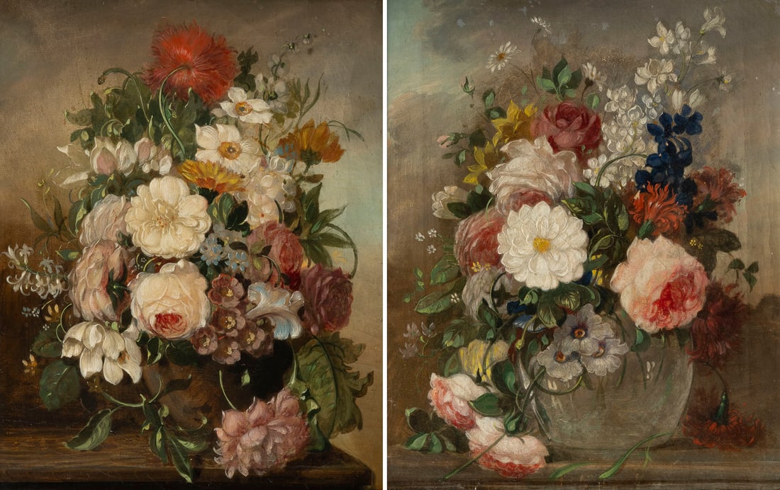 HEINRICH STEGMEYER | PAAR BLUMENSTILLLEBEN, 1826: HEINRICH STEGMEYER tätig in Wien 1797 - c. 1830 PAAR BLUMENSTILLLEBEN, 1826 Öl auf Leinwand. 33,5 x 26,6 cm (R 44 x 36,5 cm). Verso: Signiert und datiert 'H. Stegmeyer pinxit A. 1826'. Rahmen.HEINRI