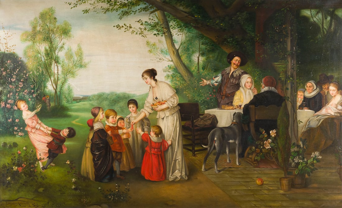 FRIEDRICH AUGUST KAULBACH VON (KOPIE VON L. SCHÜNZEL) | EIN: FRIEDRICH AUGUST KAULBACH VON (KOPIE VON L. SCHÜNZEL) 1850 München - 1920 Ohlstadt EIN MAIENTAG Öl auf Leinwand. ca, 70 x 118 cm (R. 102 x 150 cm). Unten links bezeichnet. Kratzspur. Rahmen.FRIEDRI