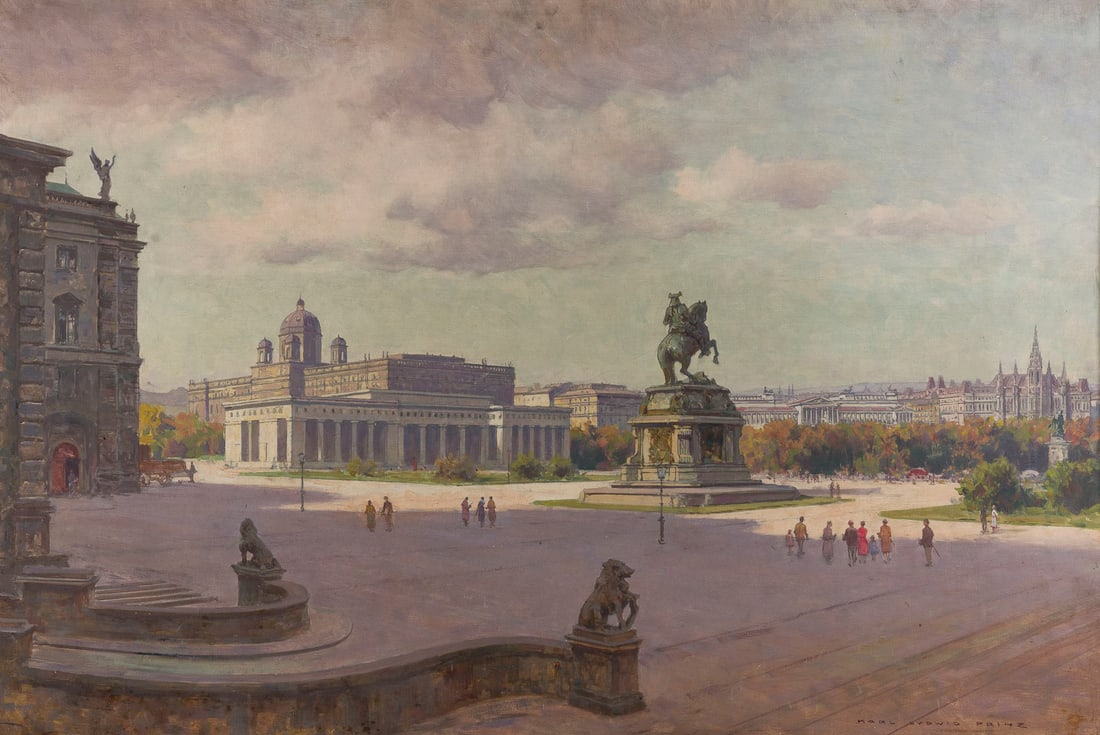 KARL LUDWIG PRINZ | DER HELDENPLATZ IN WIEN MIT PARLAMENT U: KARL LUDWIG PRINZ 1875 Wien - 1944 ebenda DER HELDENPLATZ IN WIEN MIT PARLAMENT UND RATHAUS Öl auf Hartfaserplatte. 82 x 122 cm (R. 94 x 133 cm). Unten rechts signiert. Partielle Retuschen.