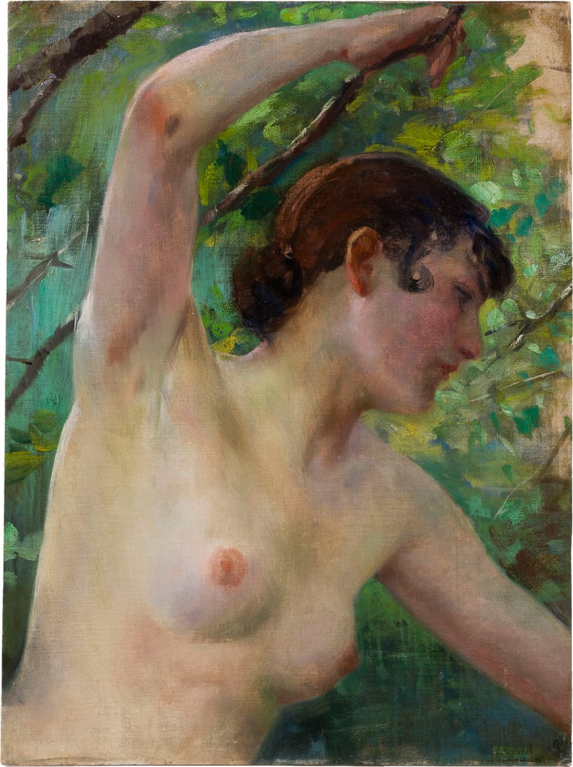 FERDINAND MAX BREDT | AKTSTUDIE IM FREIEN: FERDINAND MAX BREDT 1860 Leipzig - 1921 Ruhpolding AKTSTUDIE IM FREIEN Öl auf Karton. 53 x 39 cm. Unten rechts Reste der Signatur. Rahmen.FERDINAND MAX BREDT 1860 Leipzig - 1921 Ruhpolding NUDE