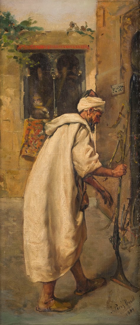JULIO PERIS BRELL | ARABISCHER WAFFENVERKÄUFER, 1889: JULIO PERIS BRELL 1866 Valencia - 1944 ARABISCHER WAFFENVERKÄUFER, 1889 Öl auf Leinwand. 45 x 21 cm (R. 61 x 34 cm). Unten rechts signiert und datiert. Alte Retuschen. Rahmen.JULIO PERIS BRELL 1866