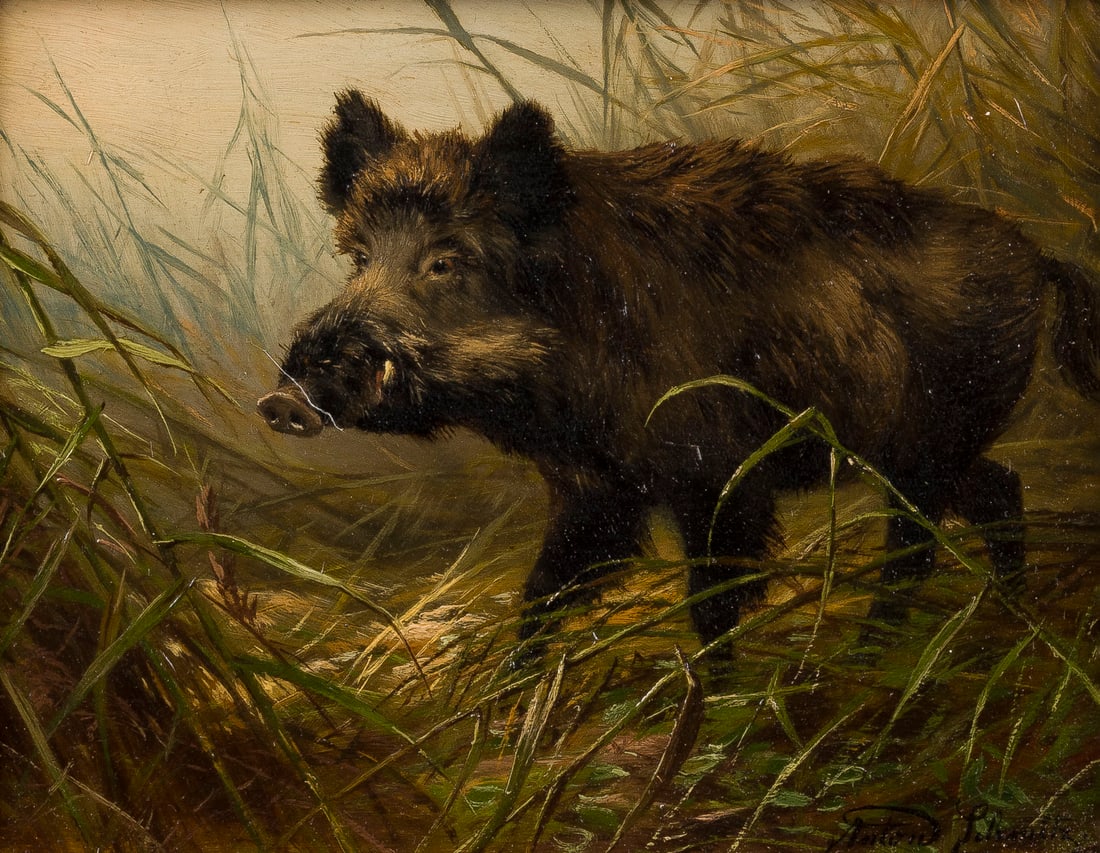 ANTON SCHMITZ | WILDSCHWEIN: ANTON SCHMITZ 1855 Grimmlinghausen - 1935 Morken WILDSCHWEIN Öl auf Holz. 18,5 x 24 cm (R. 31 x 37 cm). Unten rechts signiert. Rahmen.ANTON SCHMITZ 1855 Grimmlinghausen - 1935 Morken WILDSCHWEIN