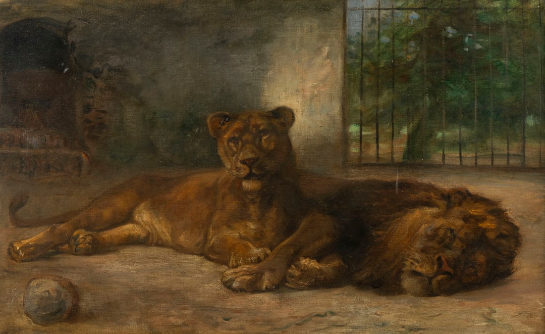 PAUL FRIEDRICH MEYERHEIM | LÖWENPAAR IM GEHEGE: PAUL FRIEDRICH MEYERHEIM 1842 Berlin - 1915 ebenda LÖWENPAAR IM GEHEGE Öl auf Leinwand. 51 x 82 cm (R. 68 x 100 cm). Signiert unten links. Partielle Retuschen. Rahmen. Provenienz: Privatsammlung