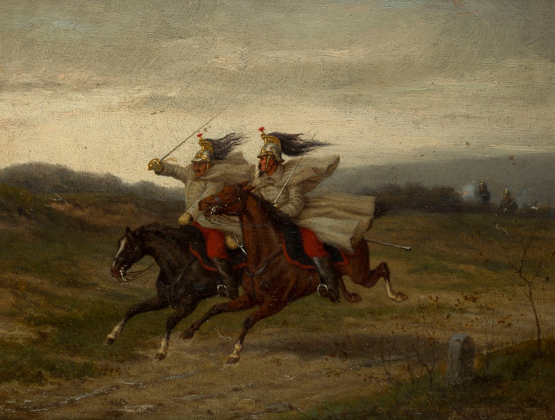 KARL GILLISSEN | DER ANGRIFF: KARL GILLISSEN 1842 Aachen - c. 1885 Düsseldorf DER ANGRIFF Öl auf Holz. 30 x 38 cm (R. 40.5 x 49 cm). Signiert unten rechts. Punktuelle Retuschen. Rahmen.KARL GILLISSEN 1842 Aachen - c. 1885