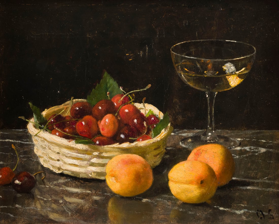 OTTO SCHOLDERER | STILLLEBEN MIT KIRSCHEN UND APRIKOSEN, UM: OTTO SCHOLDERER 1834 Frankfurt am Main - 1902 ebenda STILLLEBEN MIT KIRSCHEN UND APRIKOSEN, um 1890 Öl auf Leinwand. 23 x 30 cm (R. 37 x 44 cm). Unten rechts monogrammiert 'O.S.'. Verso: Leinwand mit
