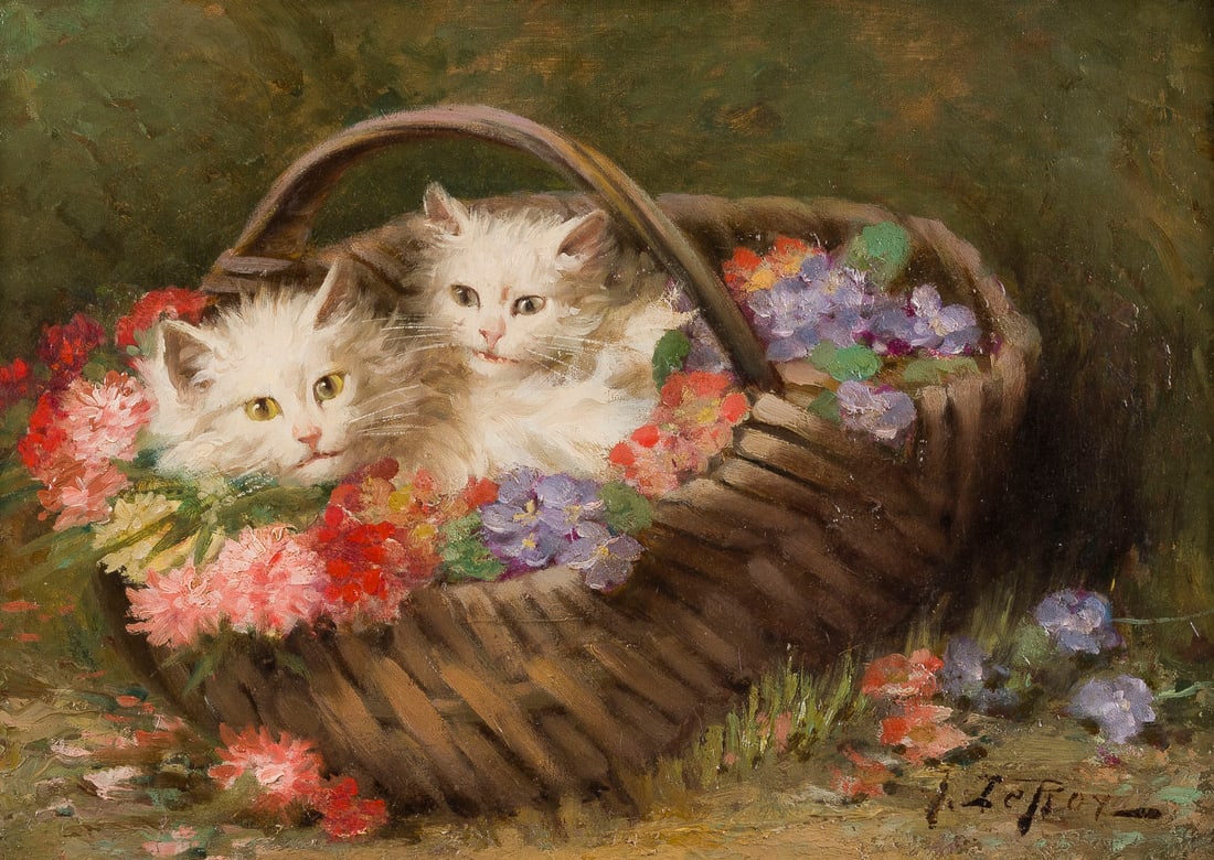 JULES GUSTAVE LE ROY | KATZEN IM KORB: JULES GUSTAVE LE ROY 1856 Paris - 1921 Roubaix KATZEN IM KORB Öl auf Leinwand. 38,5 x 55,5 cm (R. 57 x 73 cm). Unten rechts signiert. Rahmen.JULES GUSTAVE LE ROY 1856 Paris - 1921 Roubaix KATZEN IM K