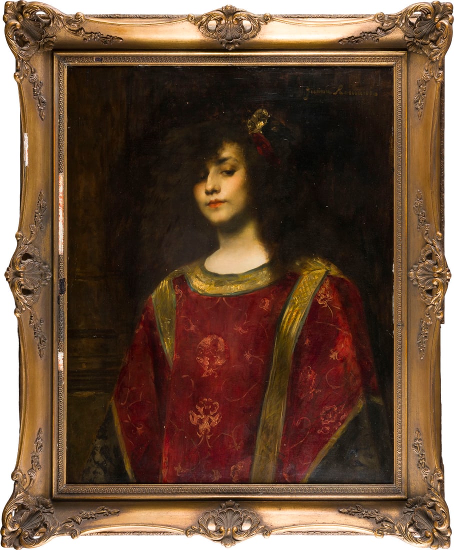JUANA ROMANI | PORTRÄT EINER JUNGEN FRAU IN MITTELALTERLICH: JUANA ROMANI 1869 Velletri - 1924 Suresnes PORTRÄT EINER JUNGEN FRAU IN MITTELALTERLICHER TRACHT, um 1900 Öl auf Holz. 81 x 63 cm (R. 100 x 82 cm). Oben rechts signiert. Rahmen (part. besch.). Das v