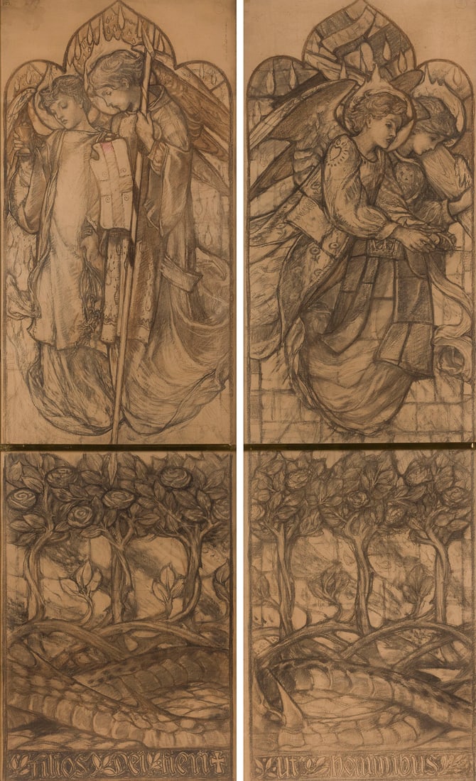 LOUIS DAVIS | ZWEI STUDIEN FÜR EIN KIRCHENFENSTER DER ST.-A: LOUIS DAVIS 1861 - 1941 ZWEI STUDIEN FÜR EIN KIRCHENFENSTER DER ST.-ANSELM-KIRCHE Kreide auf Papier. ca. 204 x 61 cm (R. 220 x 78,5 cm). Verso mit Ausstellungsetiketten: Maltzahn Gallery Limited, Lon
