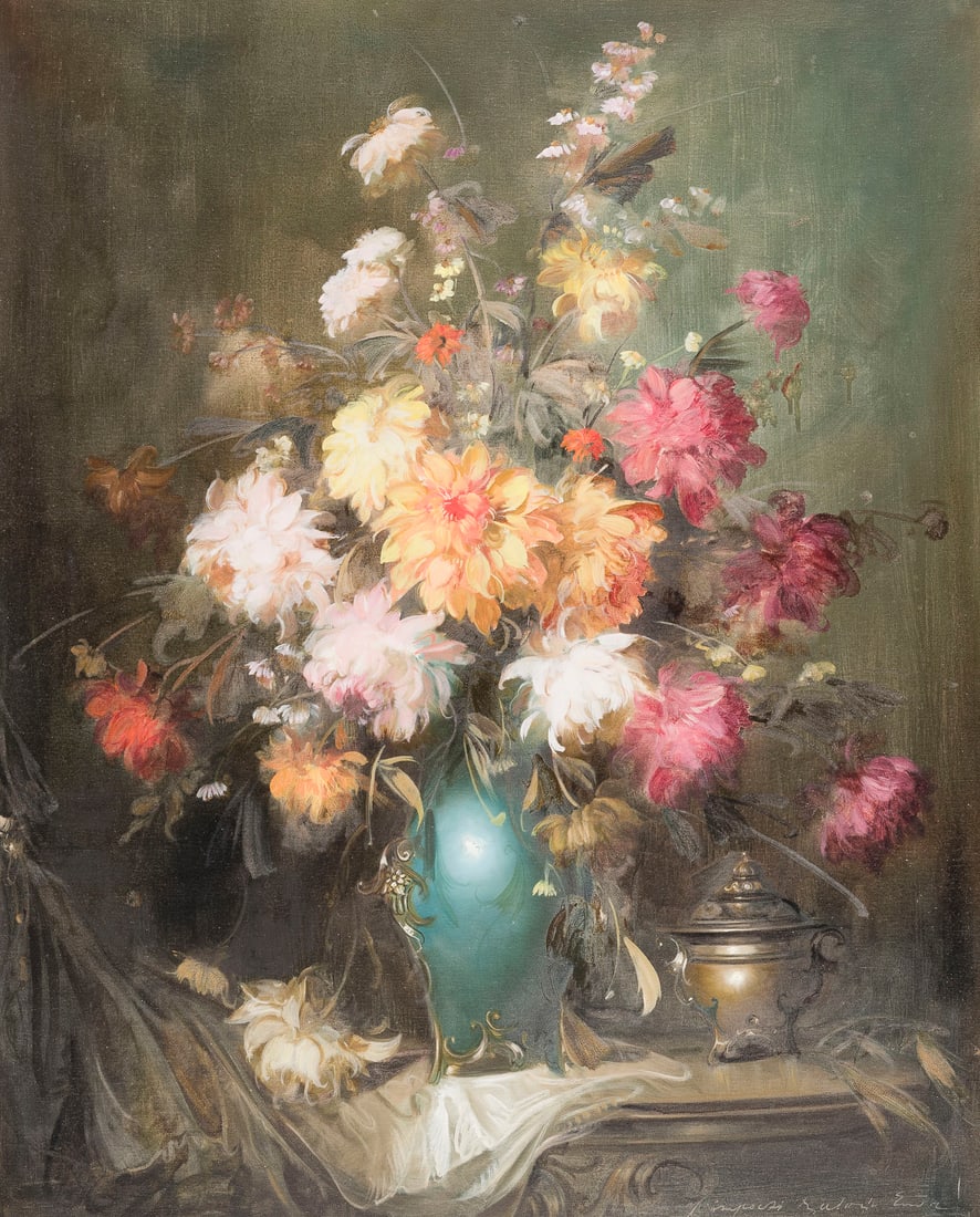 ENDRE KOEMPOECZI-BALOGH | BLUMENSTILLLEBEN: ENDRE KOEMPOECZI-BALOGH 1911 Budapest - 1977 BLUMENSTILLLEBEN Öl auf Leinwand. 100 x 80 cm (R. 120 x 101 cm). Unten rechts signiert. Rahmen.ENDRE KOEMPOECZI-BALOGH 1911, Budapest - 1977 FLORAL STILL