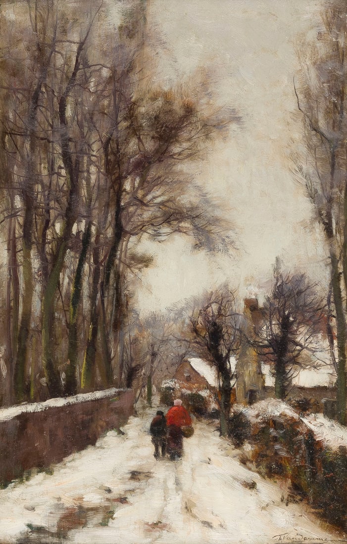 FRANS VAN DAMME | WINTER IM DORF: FRANS VAN DAMME 1858 Belgien - 1925 WINTER IM DORF Öl auf Holz. 44,5 x 28,5 cm (R. 68 x 53 cm). Unten rechts signiert. Rahmen. Provenienz: Privatsammlung.FRANS VAN DAMME 1858 Belgien - 1925 WINTER