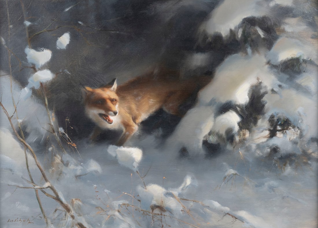 MANFRED SCHATZ | FUCHS IM VERSCHNEITEN WALD: MANFRED SCHATZ 1925 Bad Stepenitz am Stettiner Haff - 2004 Meerbusch FUCHS IM VERSCHNEITEN WALD Öl auf Leinwand. 50 x 70 cm (R. 57 x 77 cm). Unten links signiert. Rahmen. Literatur: Abb. S. 52: