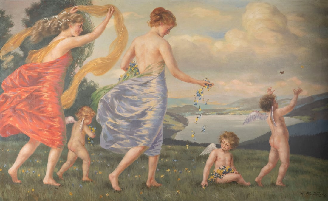 H. OTTO RÜGER | FRÜHLINGSTANZ: H. OTTO RÜGER Münchner Maler des 19./20. Jh. FRÜHLINGSTANZ Öl auf Leinwand. 80 x 130 cm. Unten rechts signiert.H. OTTO RÜGER Münchner Maler des 19./20. Jh. FRÜHLINGSTANZ