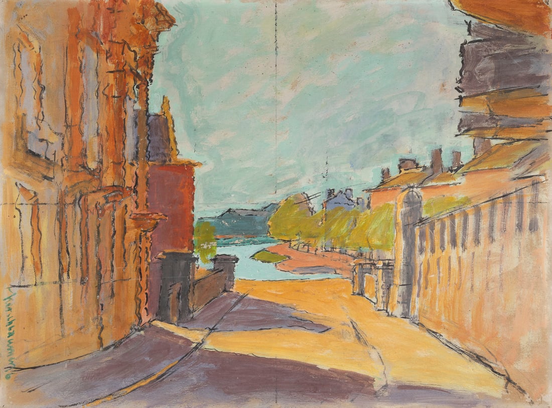 ANTON KERSCHBAUMER | GASSE IN GENT (1916): ANTON KERSCHBAUMER 1885 Rosenheim - 1931 Berlin Gasse in Gent (1916) Mischtechnik auf Papier, auf Karton. 37,5 x 50,5 cm. Signiert und datiert links 'Kerschbaumer 16'. Löcher in den Ecken, part.