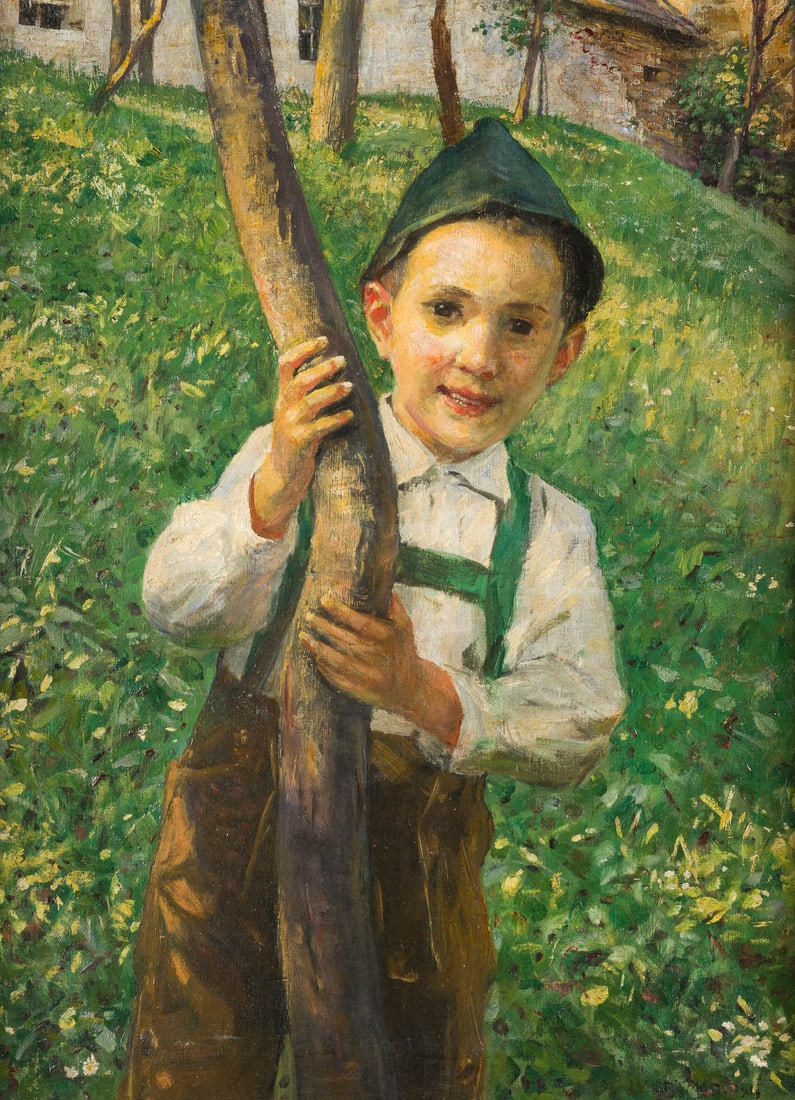 ÖSTERREICHISCHE SCHULE | KNABE IM GARTEN (1915): ÖSTERREICHISCHE SCHULE Maler, tätig Anfang 20. Jh. KNABE IM GARTEN (1915) Öl auf Leinwand. 80,5 x 60,5 cm (R. 86 x 66 cm). Reste der Signatur und Datum unten links. Verso: Nummeretikett '51 Eduard