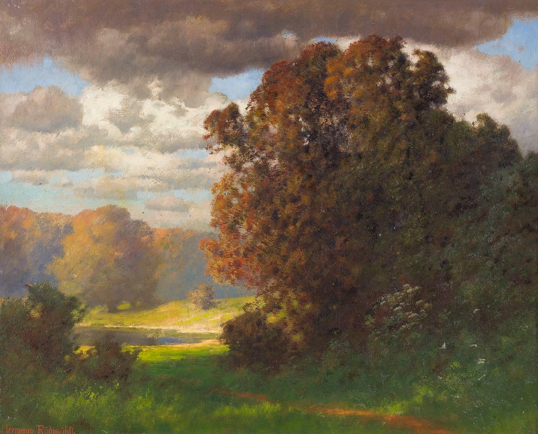 EDUARD PAUL RÜDISÜHLI | VOR DEM GEWITTER: EDUARD PAUL RÜDISÜHLI 1875 Basel - 1938 Rorschacherberg (St. Gallen) VOR DEM GEWITTER Öl auf Karton. 44 x 54 cm (R. 68 x 78 cm). Unten links signiert. Part. berieben. Rahmen (min. besch.).EDUARD