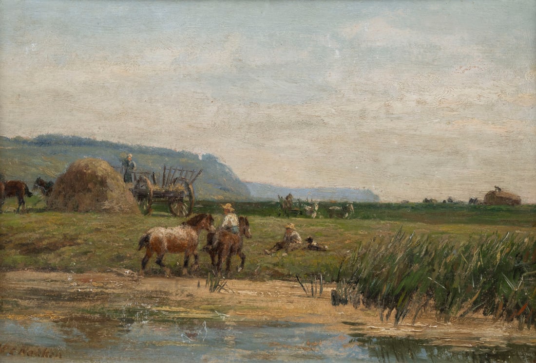 WILLEM CAREL NAKKEN | BAUERN MIT PFERDEN AM FLUSSUFER BEIM: WILLEM CAREL NAKKEN 1835 Den Haag - 1926 Rijswijk BAUERN MIT PFERDEN AM FLUSSUFER BEIM HEUSCHNITT Öl auf Holz. 24 x 34,5 cm (R. 39 x 49,5 cm). Unten links signiert. Verso: bezeichnet nummeriert.