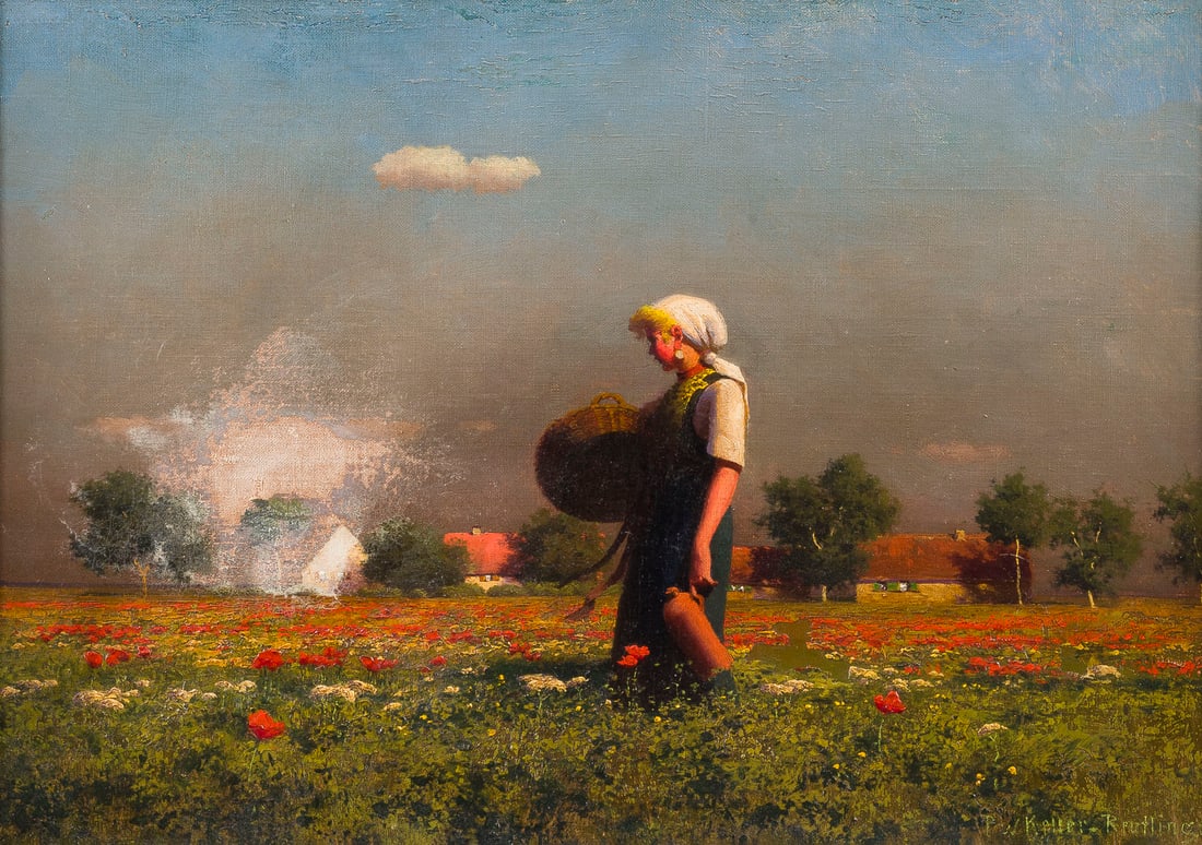 PAUL WILHELM KELLER-REUTLINGEN | BAUERIN IM MOHNFELD: PAUL WILHELM KELLER-REUTLINGEN 1854 Reutlingen - 1920 München BAUERIN IM MOHNFELD Öl auf Leinwand. 30 x 42 cm (R. 39,5 x 52 cm). Unten rechts signiert. Farbverlust im Bereich des rechten Hauses und