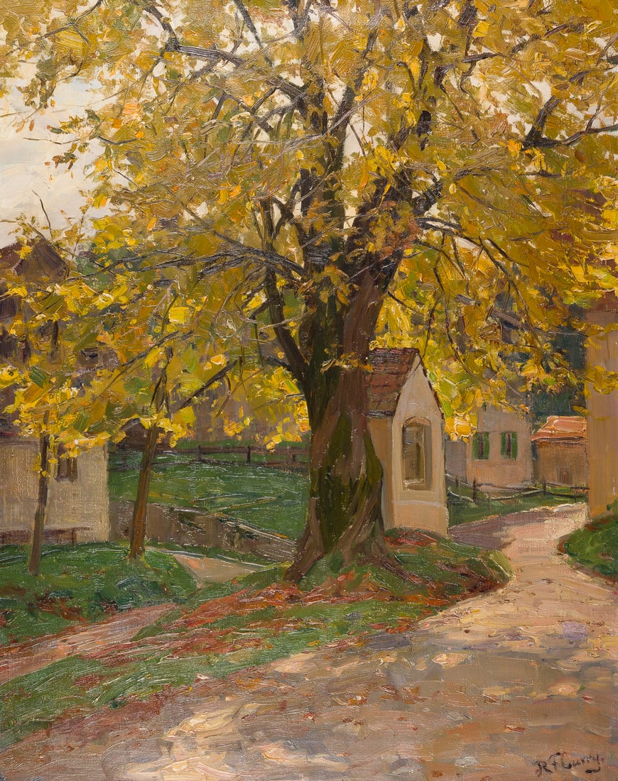 ROBERT FRANZ CURRY | LINDE IN HERBST: ROBERT FRANZ CURRY 1872 Boston - 1945 Riederau LINDE IN HERBST Öl auf Leinwand. 84 x 66 cm (R. 102 x 84 cm). Unten rechts signiert. Verso: Etikett von Kunsthaus Schaller in Stuttgart. Rahmen.ROBERT