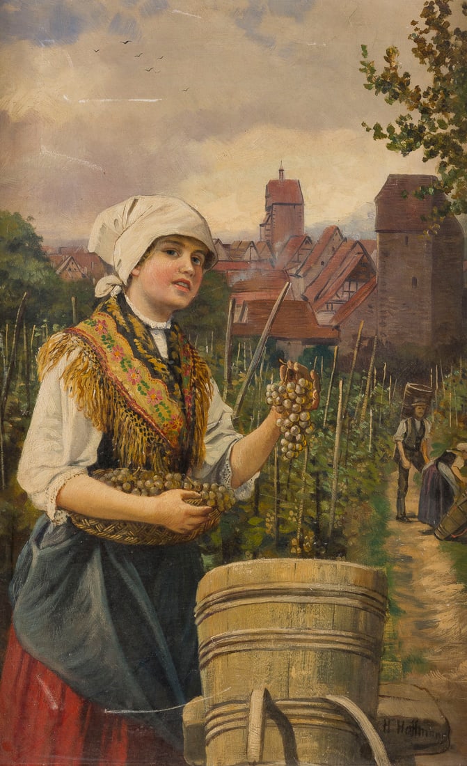 HEINRICH HOFFMANN | WEINLESERIN BEI DER ARBEIT: HEINRICH HOFFMANN 1859 Cassel - 1933 Heidelberg WEINLESERIN BEI DER ARBEIT Öl auf Leinwand. 60 x 38 cm (F. 69 x 47 cm). Unten rechts signiert. Kratzspuren. Rahmen.HEINRICH HOFFMANN 1859 Cassel -