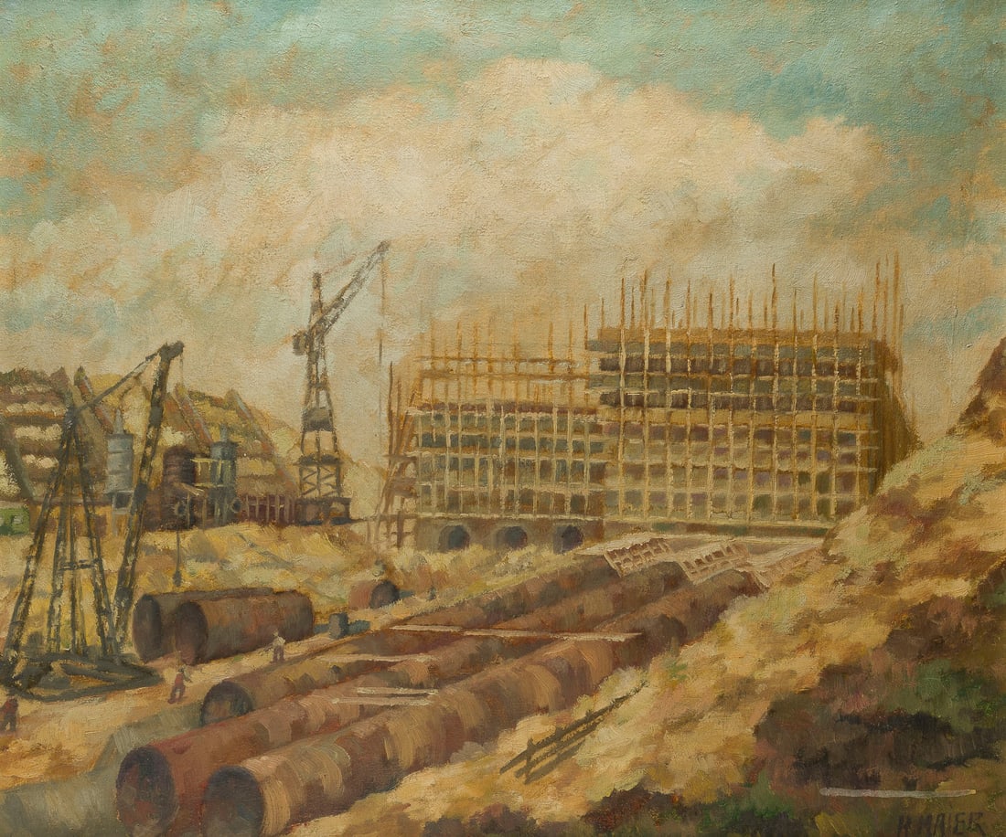 HUGO MAIER | INDUSTRIELLE LANDSCHAFT: HUGO MAIER 1927 - 1993 INDUSTRIELLE LANDSCHAFT Öl auf Leinwand. 51 x 60 cm (R. 60 x 69 cm). Signiert unten rechts. Rahmen.HUGO MAIER 1927 - 1993 INDUSTRIELLE LANDSCHAFT