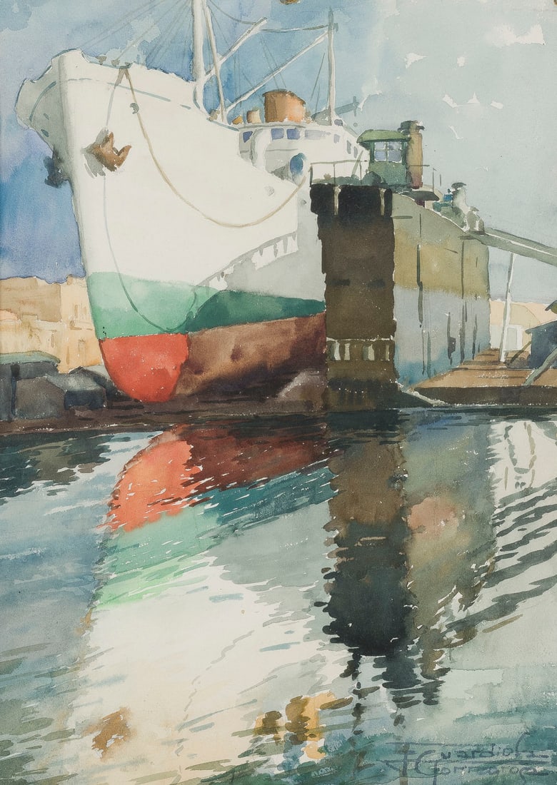 JOSEP GUARDIOLA TORREGROSA | HAFENANSICHT: JOSEP GUARDIOLA TORREGROSA 1904 - 1983 HAFENANSICHT Aquarell auf Papier. SM 43,5 x 31,5 cm (R. 70 x 58 cm). Signiert unten rechts. Leicht gebräunt. Hinter Glas gerahmt.JOSEP GUARDIOLA TORREGROSA 1904