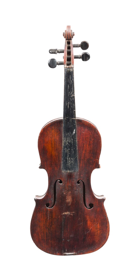 | 3/4 VIOLINE: 3/4 VIOLINE Wohl 19. Jh. Einteilige Fichtenholzdecke und geflammter Ahornboden, dunkelbrauner Lack. 3/4 Geige, L. 54, Korpusl. 32,9 cm. Ungemarkt. Part. best., rest, Deckenriss.3/4 VIOLINE