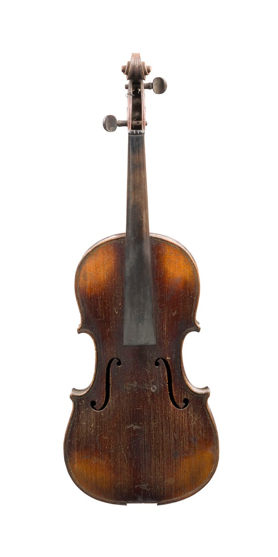 | VIOLINE MIT INTARSIEN: VIOLINE MIT INTARSIEN Vogtland, um 1900 Zweiteilige Fichtenholzdecke und Ahornboden, brauner Lack, Boden mit floraler Einlegearbeit aus Perlmutt. 4/4 Geige, L. 59,5, Korpusl. 36 cm. Besch.VIOLINE MIT