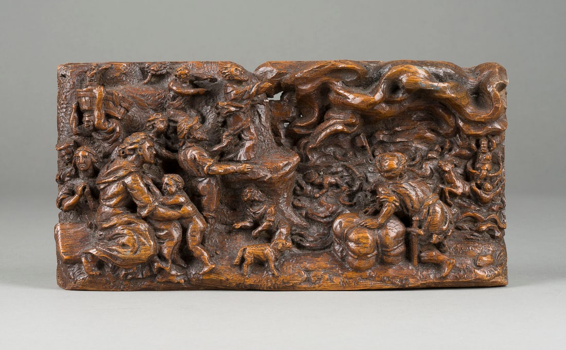 | RELIEF 'FLUCHT AUS ÄGYPTEN': RELIEF 'FLUCHT AUS ÄGYPTEN' Wohl Flandern, 18. Jh. Holz, reliefiert, gebeizt. H. 16, B. 30, T. 4 cm, Gew. ca. 0,6kg. Dynamische Darstellung der biblischen Szene 'Flucht aus Ägypten'. Im linken Vorde